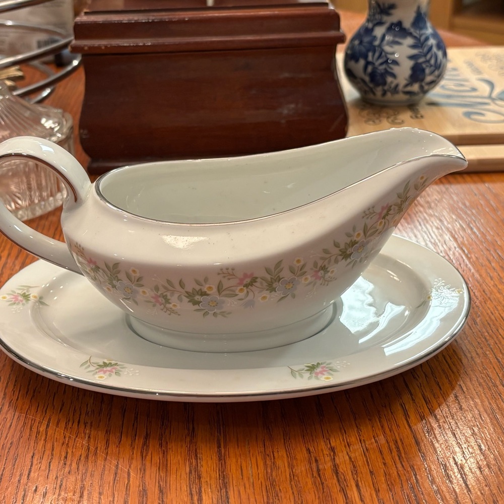 Haviland White and Pink Floral Gravy Boat with Saucer